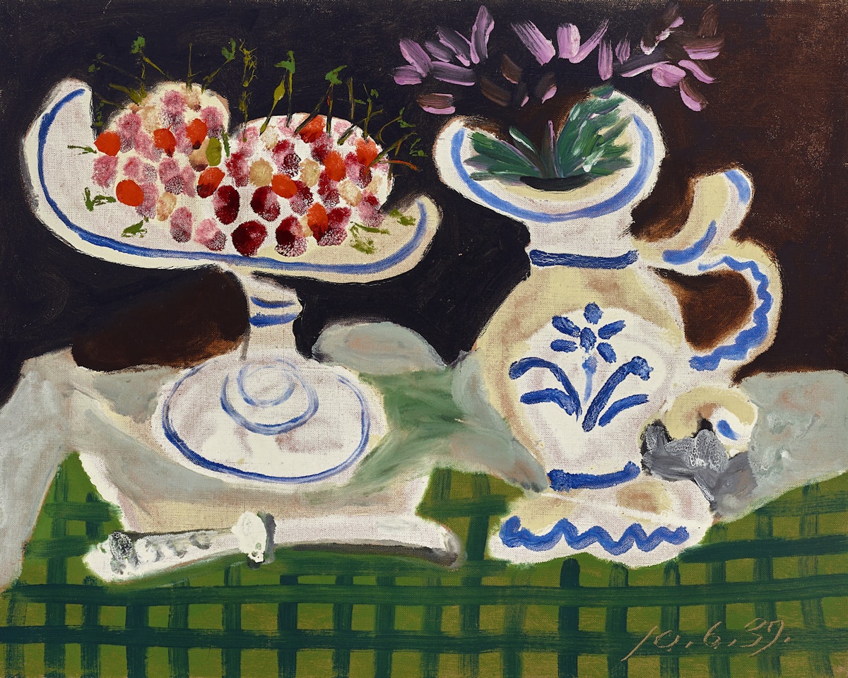 Nature morte, compotier avec fruits, pot avec fleurs by Pablo Picasso