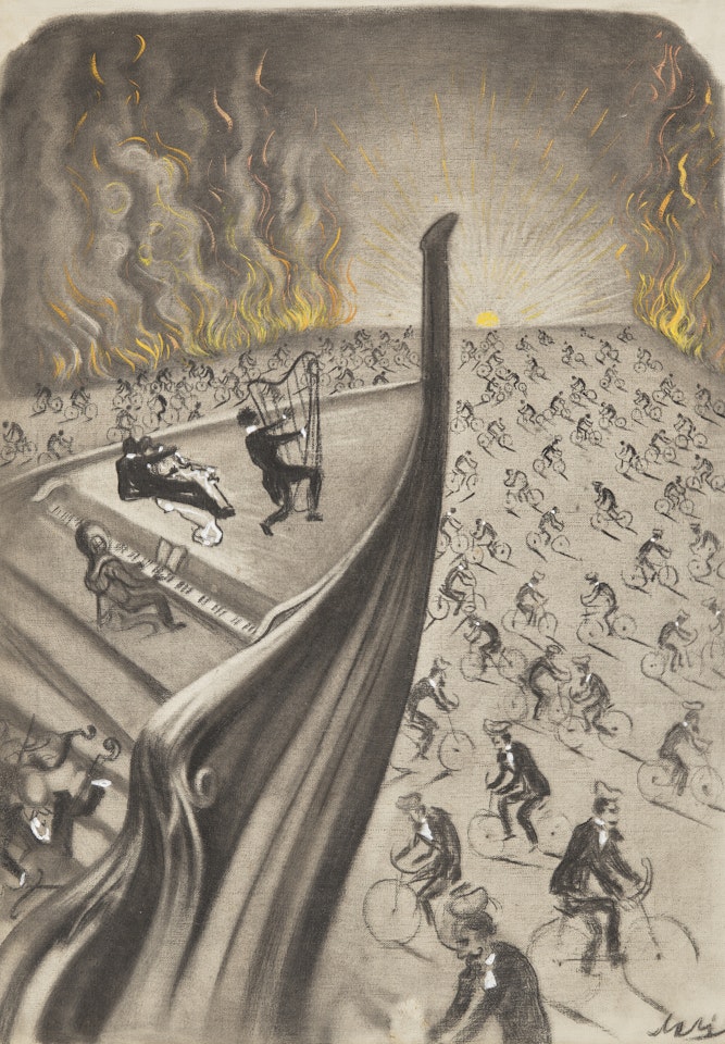 Surrealist Gondola above Burning Bicycles (Drawing for a Film Project with the Marx Brothers) by Salvador Dali