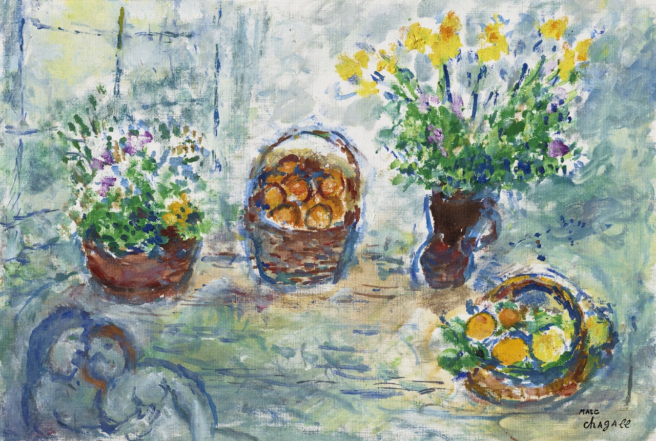 Fleurs et corbeilles de fruits sur la table by Marc Chagall