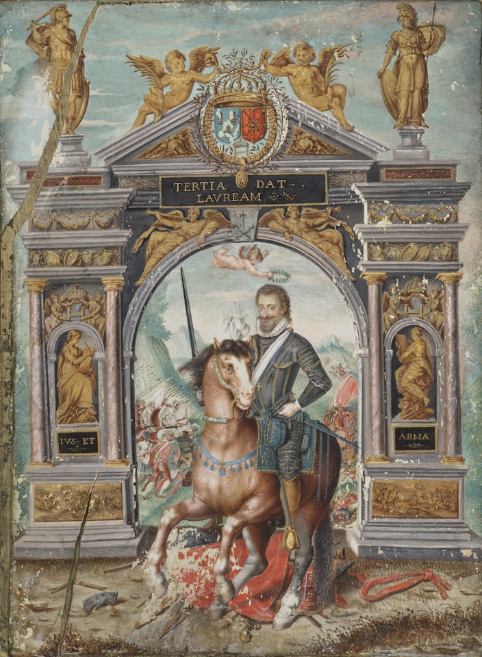 Portrait allégorique d'Henri IV à cheval devant un Arc de Triomphe by French School