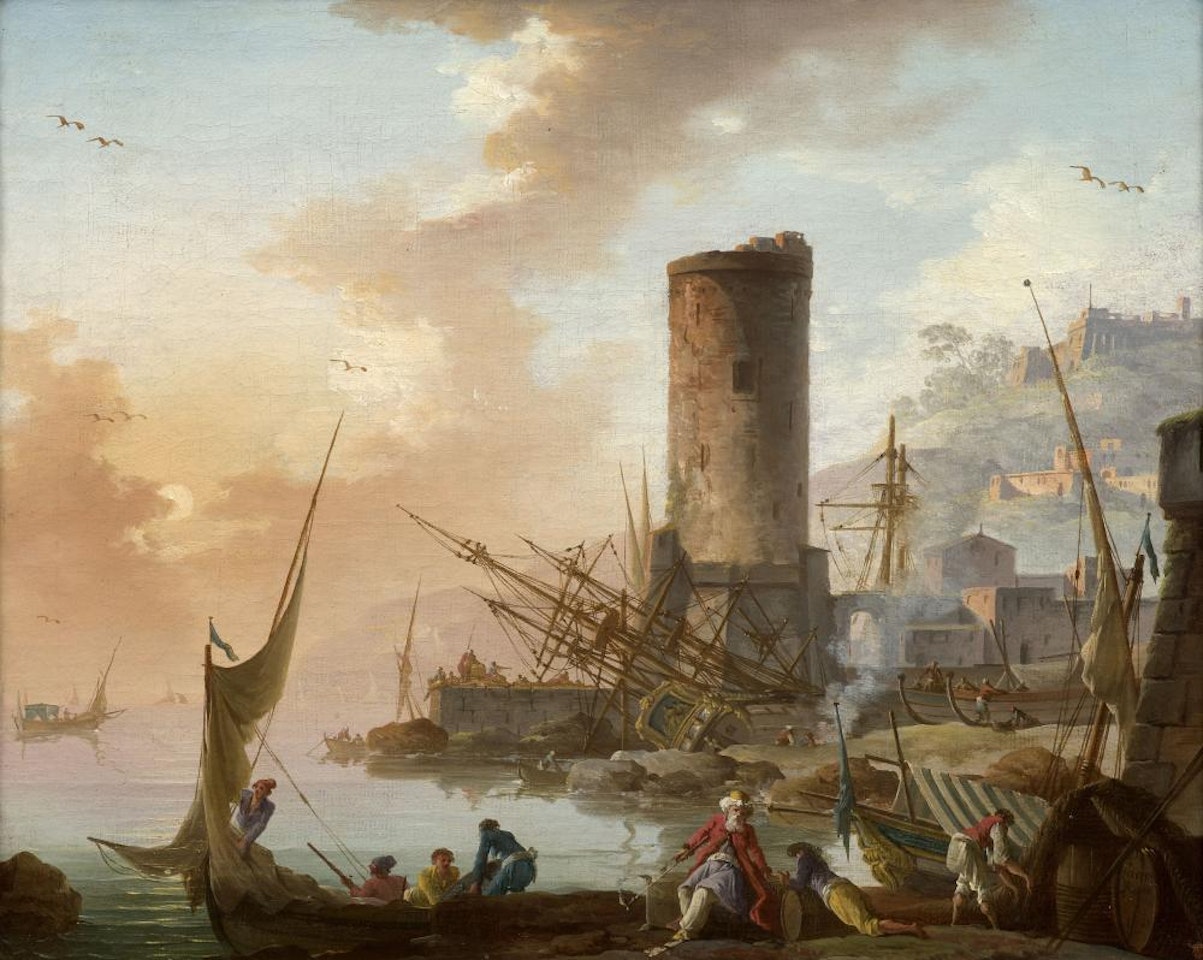 Port méditerranéen animé de pêcheurs et marchands levantins au matin by Charles François Grenier de Lacroix de Marseille