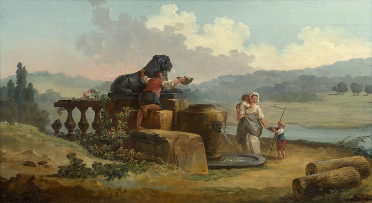 Famille près d'une fontaine dans un paysage by Hubert Robert