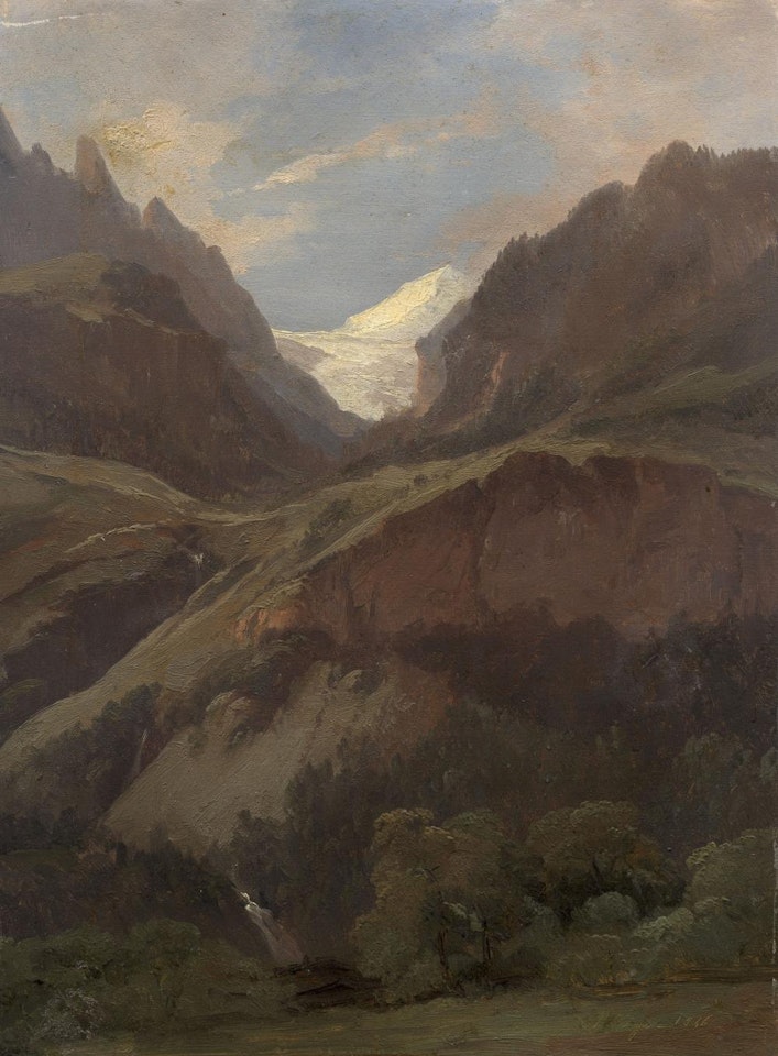 Vue sur le Wetterhorn et le Reichenbach depuis Meiringen, Suisse by Alexandre Calame