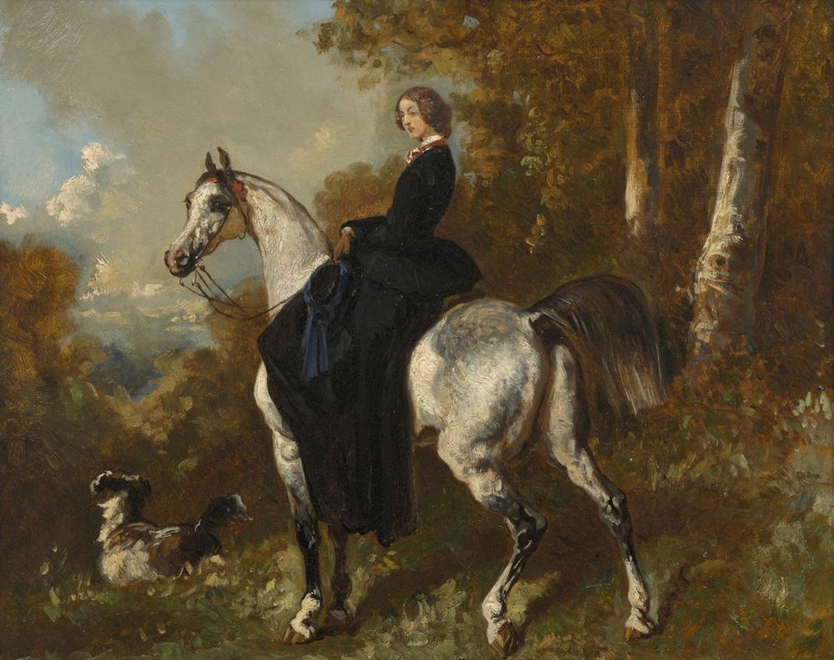 Amazone en noir sur un cheval gris pommelé by Alfred de Dreux