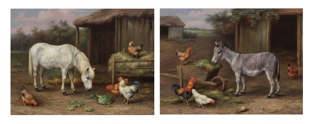Feeding time on the farm, a pair both 31 x 41cm (12 3/16 x 16 1/8in) (2) by Edgar Hunt