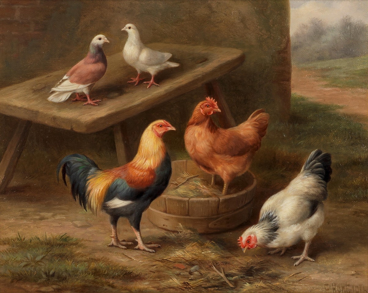 Hens and doves in a farmyard by Edgar Hunt