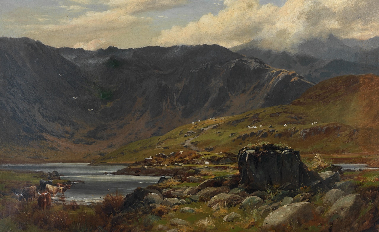 Highland cattle by a loch by Alfred de Breanski