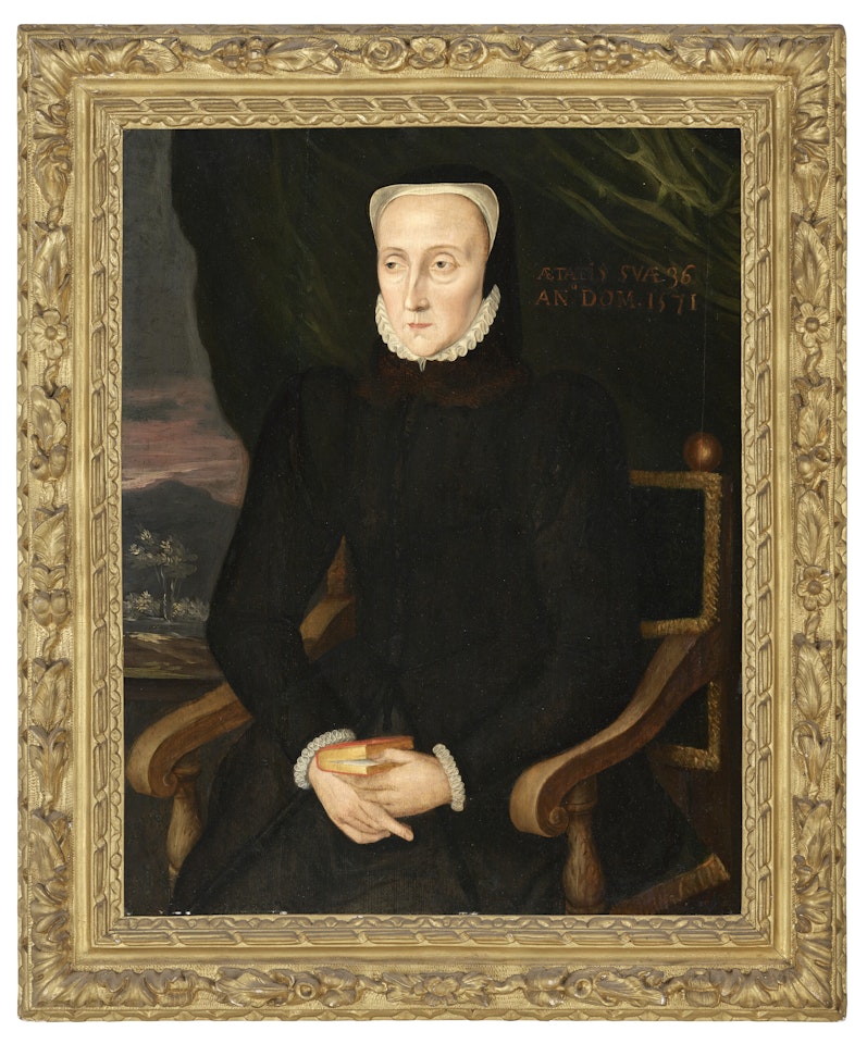 Portrait of Cicely Sandys, née Wilford (d. 1611), three-quarter-length, seated, in a black dress and hood, holding a page in a book by English School