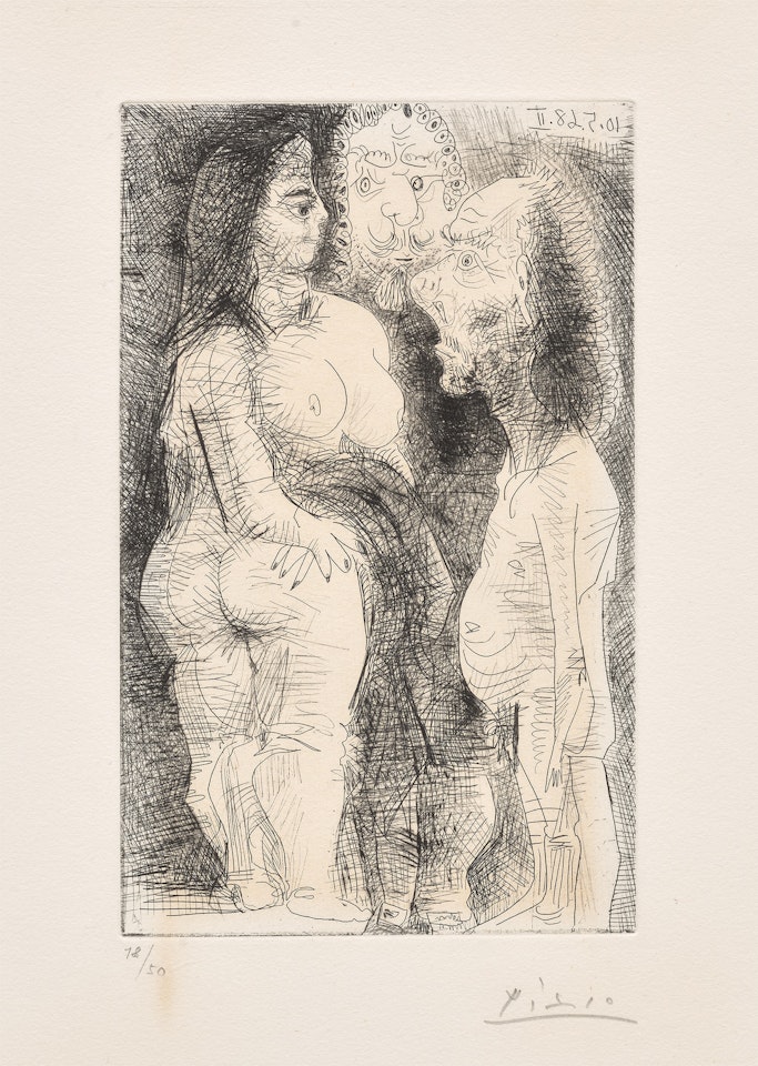 Grosse courtisane, avec une vieillard et un spectateur en costume (Large Courtesan, with an Old Man and a Spectator in Costume), plate 72 from Série 347 (Bl. 1552, Ba. 1568) by Pablo Picasso