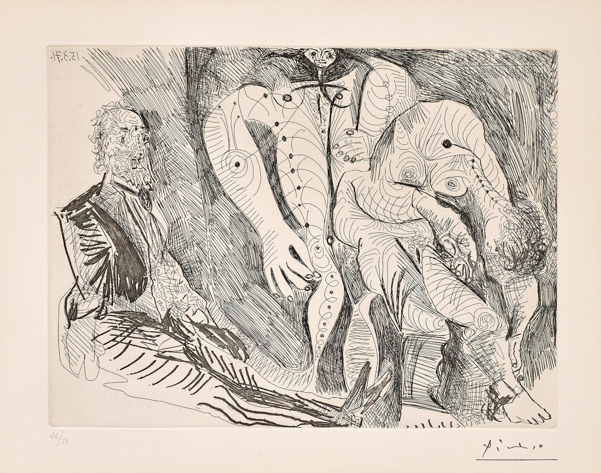 Femmes à leur toilette, avec Degas rêvant (Women at their Toilette, with Degas Daydreaming), plate 84 from Série 156 (Bl. 1939, Ba. 1948) by Pablo Picasso