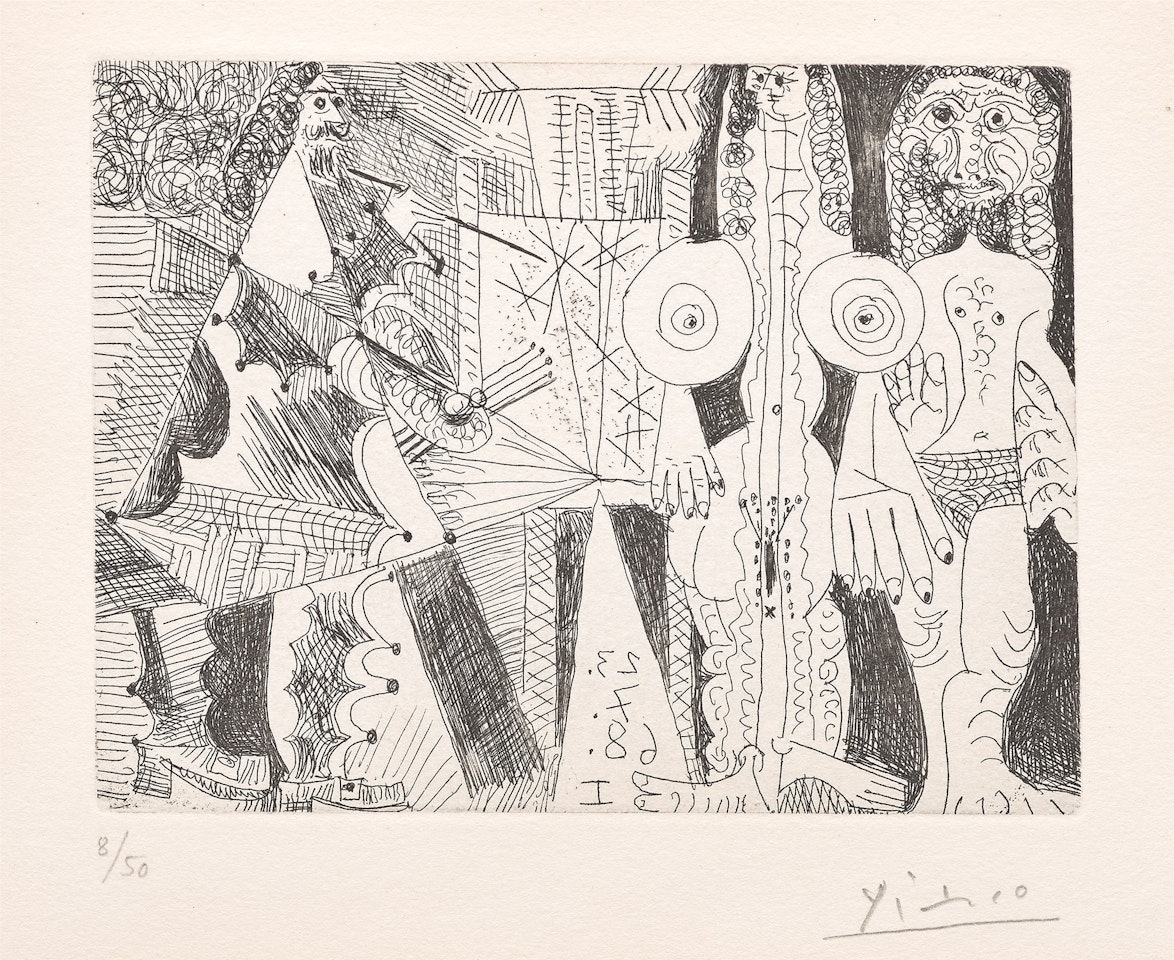 Couple posant pour un peintre en habit de cour (Couple Posing for a Painter in Court Dress), plate 214 from Série 347 (Bl. 1694, Ba. 1710) by Pablo Picasso