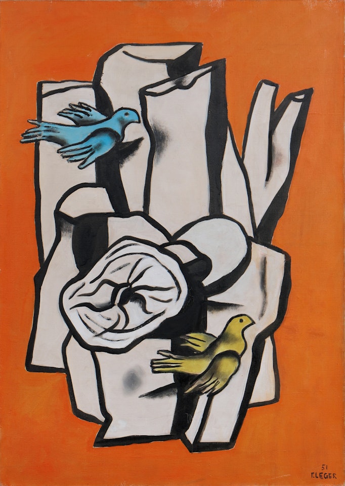 Les Troncs d'arbres et les deux oiseaux sur fond orange by Fernand Leger