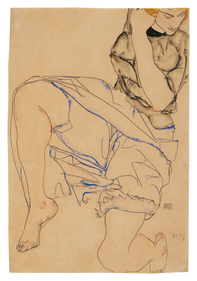 Frau mit blondem Haar und blauem Gewand (Woman with Blond Hair and Blue Garment) (recto); Sitzende Frau mit geneigtem Kopf (Seated Woman with Bent Head) (verso) by Egon Schiele