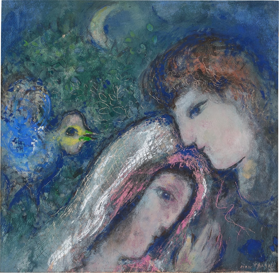 Deux têtes en bleu avec coq by Marc Chagall