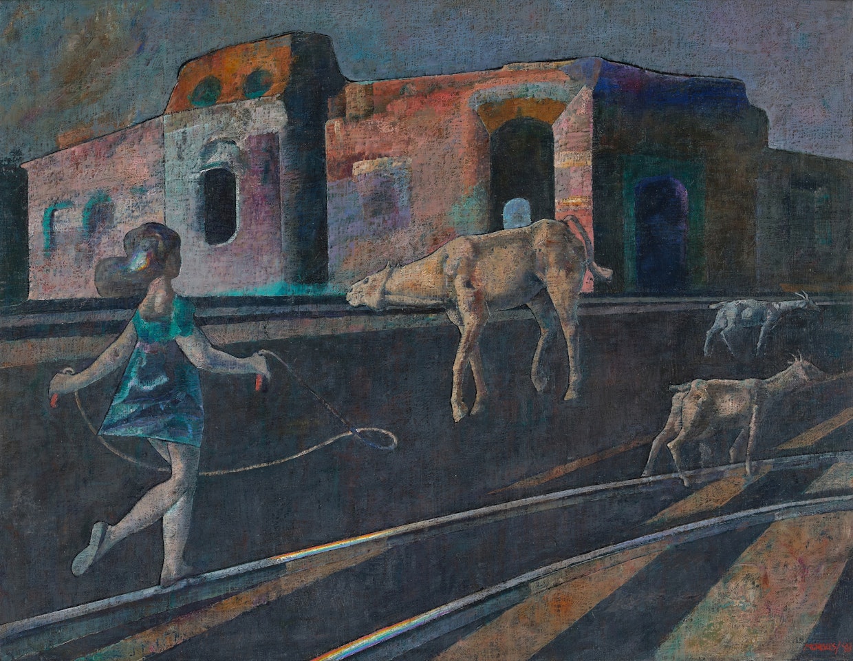 Niña saltando la cuerda, caballo, dos cabras by Armando Morales