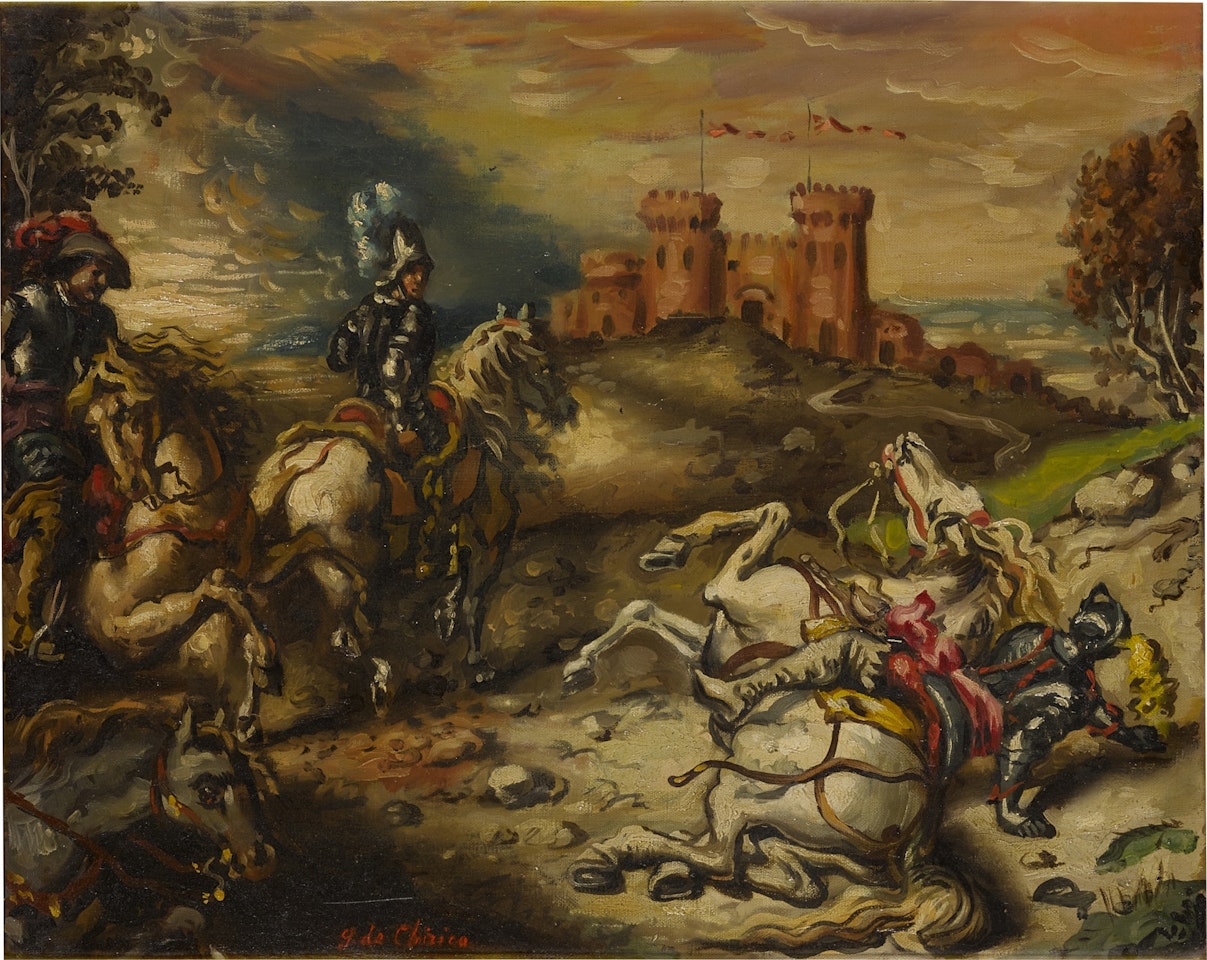Cavalli e cavalieri presso un castello by Giorgio de Chirico