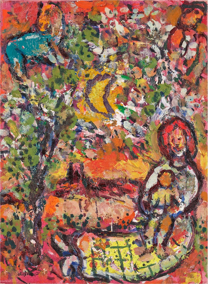 Mère et enfant à Vence sur fond multicolore by Marc Chagall