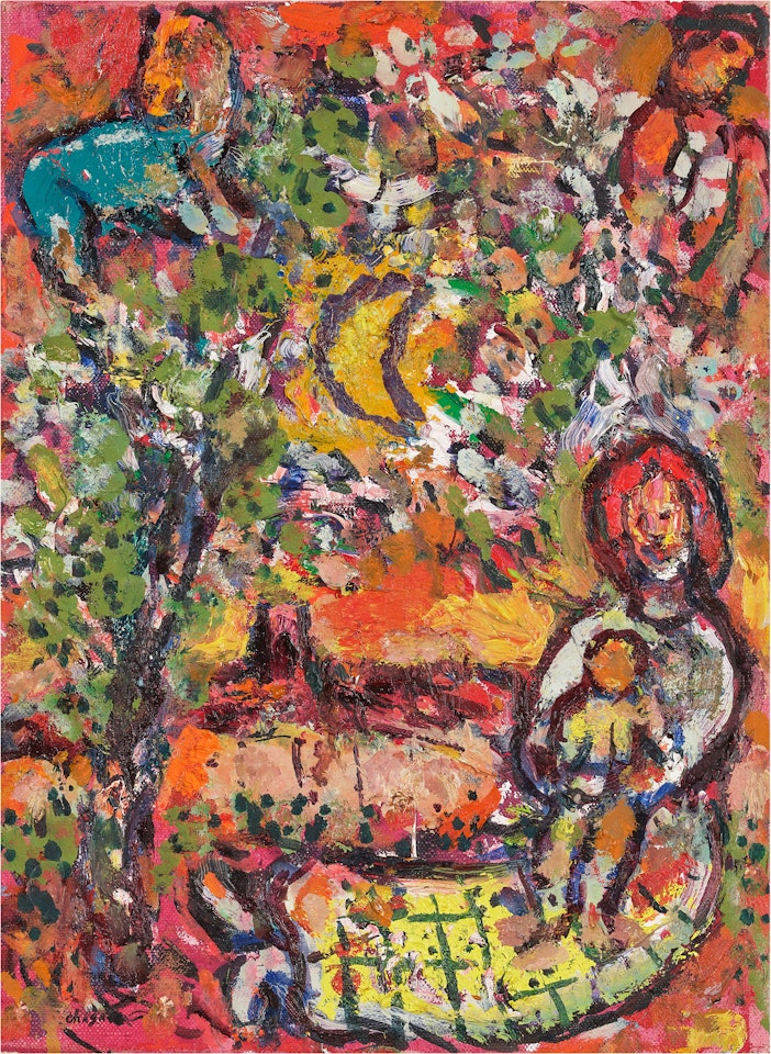 Mère et enfant à Vence sur fond multicolore by Marc Chagall