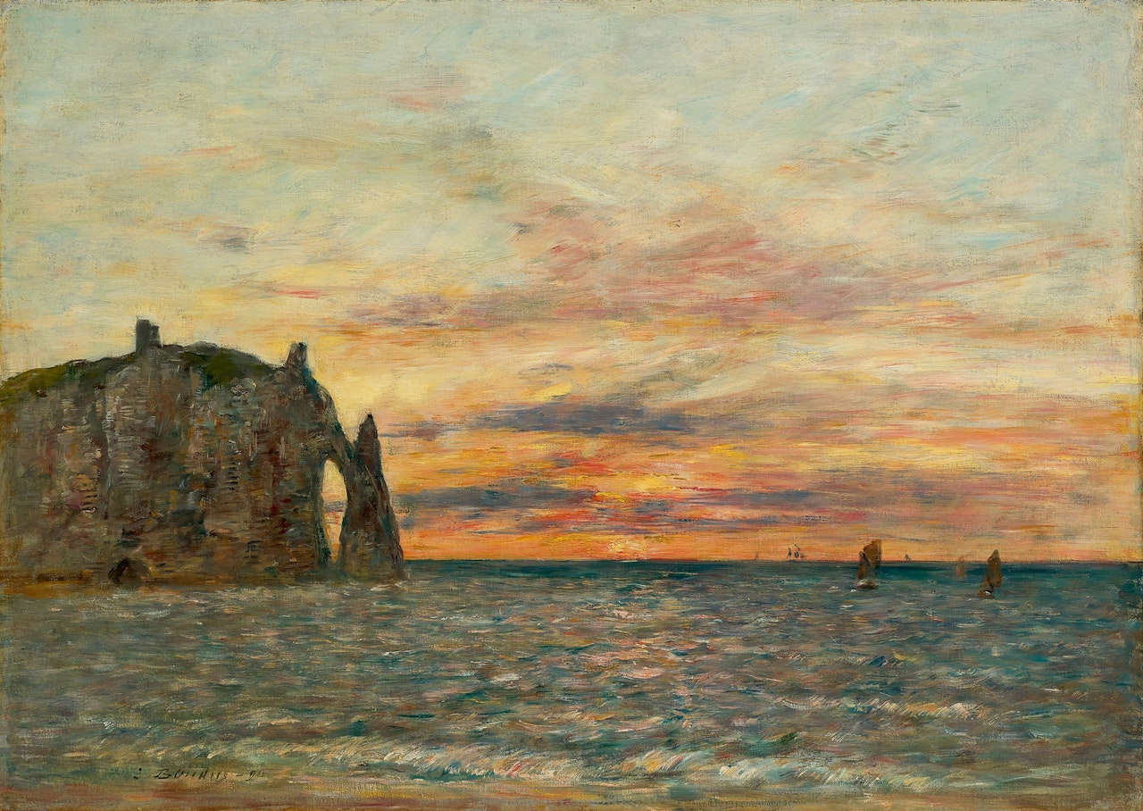 Étretat, la falaise d'Aval au soleil couchant by Eugène Boudin
