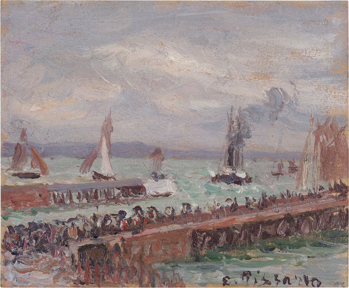 Entrée du port du Havre et le brise-lames ouest, soleil, mer agitée by Camille Pissarro