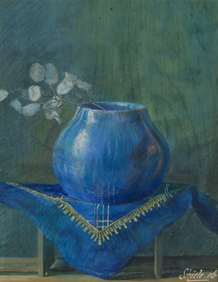 Stilleben Eines Silberblattes in Blauer Vase (Still Life of a Moneyplant Branch in Blue Vase) by Egon Schiele