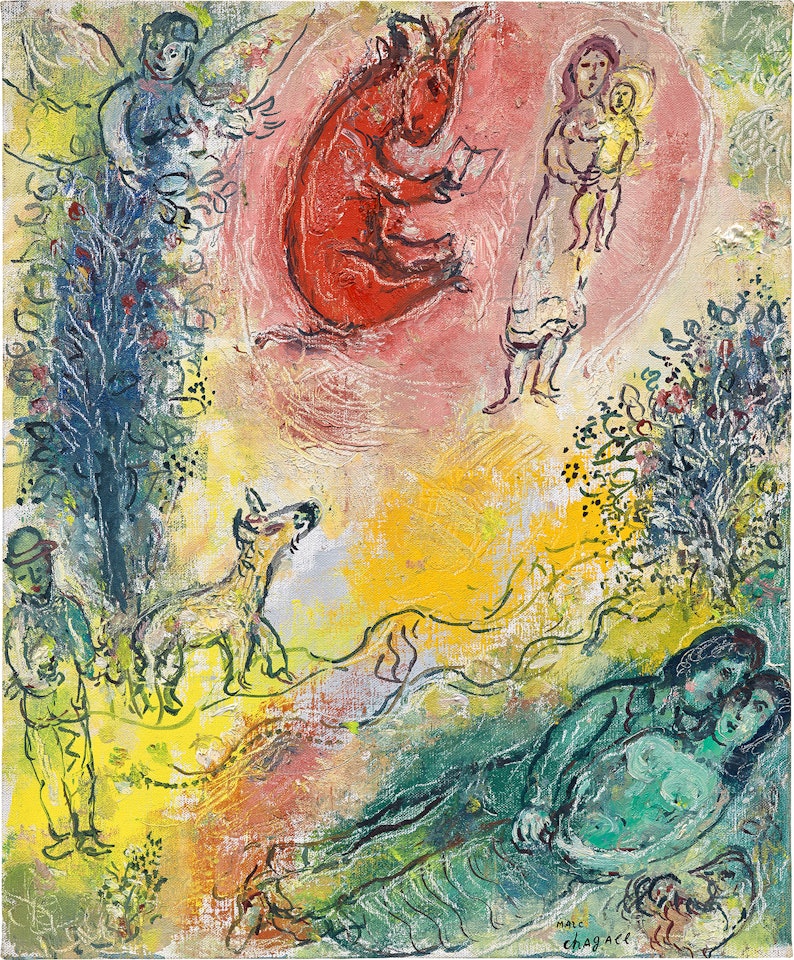 Bouc rouge lisant au-dessus des amoureux au repos by Marc Chagall