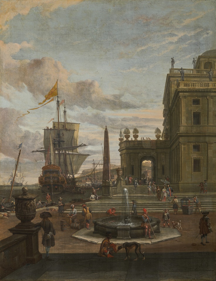 Vue d'un port méditerranéen by Abraham Storck