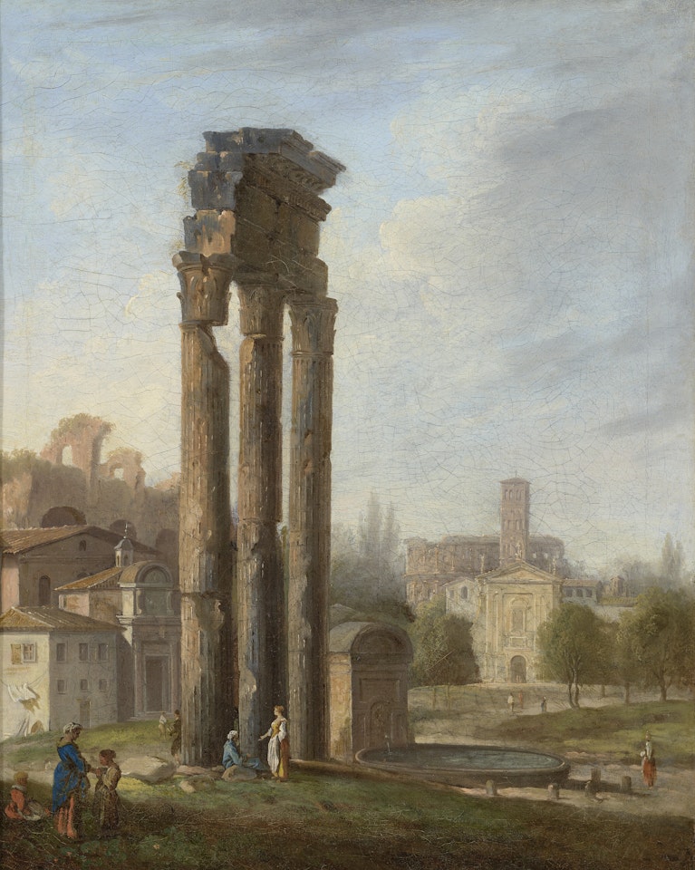 Forum romain : vestiges du Temple des Dioscures, la basilique Sainte-Françoise-Romaine et le Colisée à l'arrière-plan by French School