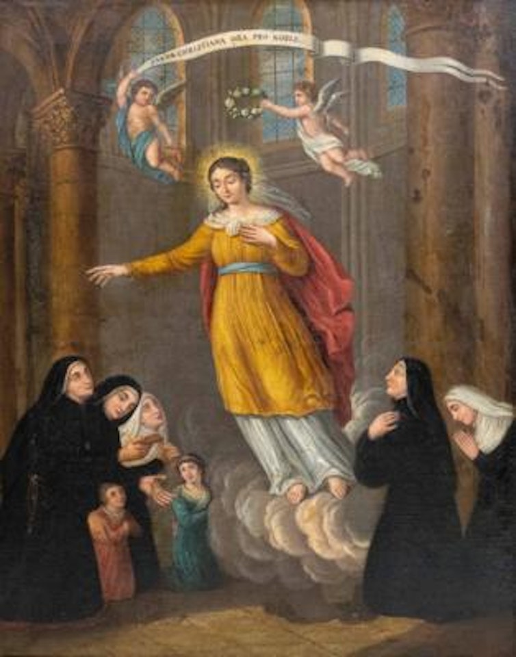 Die Heilige Christiana von Dendermonde erscheint in einem Kirchenschiff fünf Schwestern und zwei Kindern by Flemish School