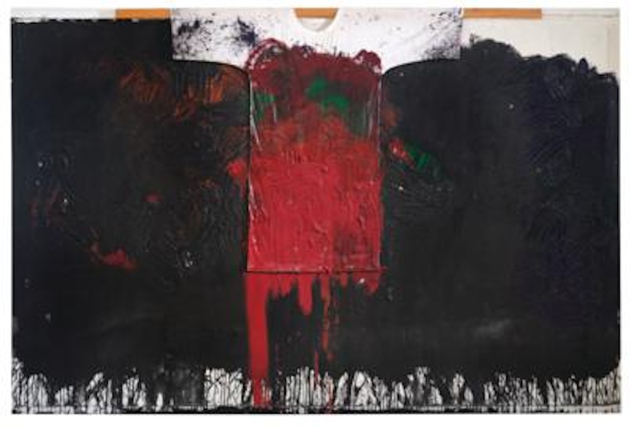 Splatter painting with painting shirt with heavy impasto by Hermann Nitsch