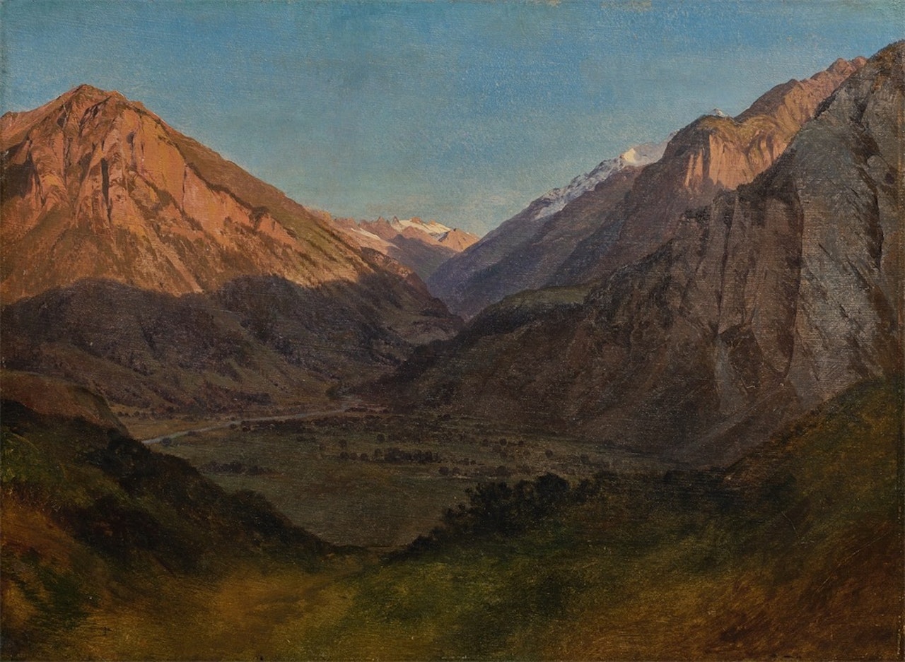 Gorge de montagnes éclairées au soleil couchant by Alexandre Calame