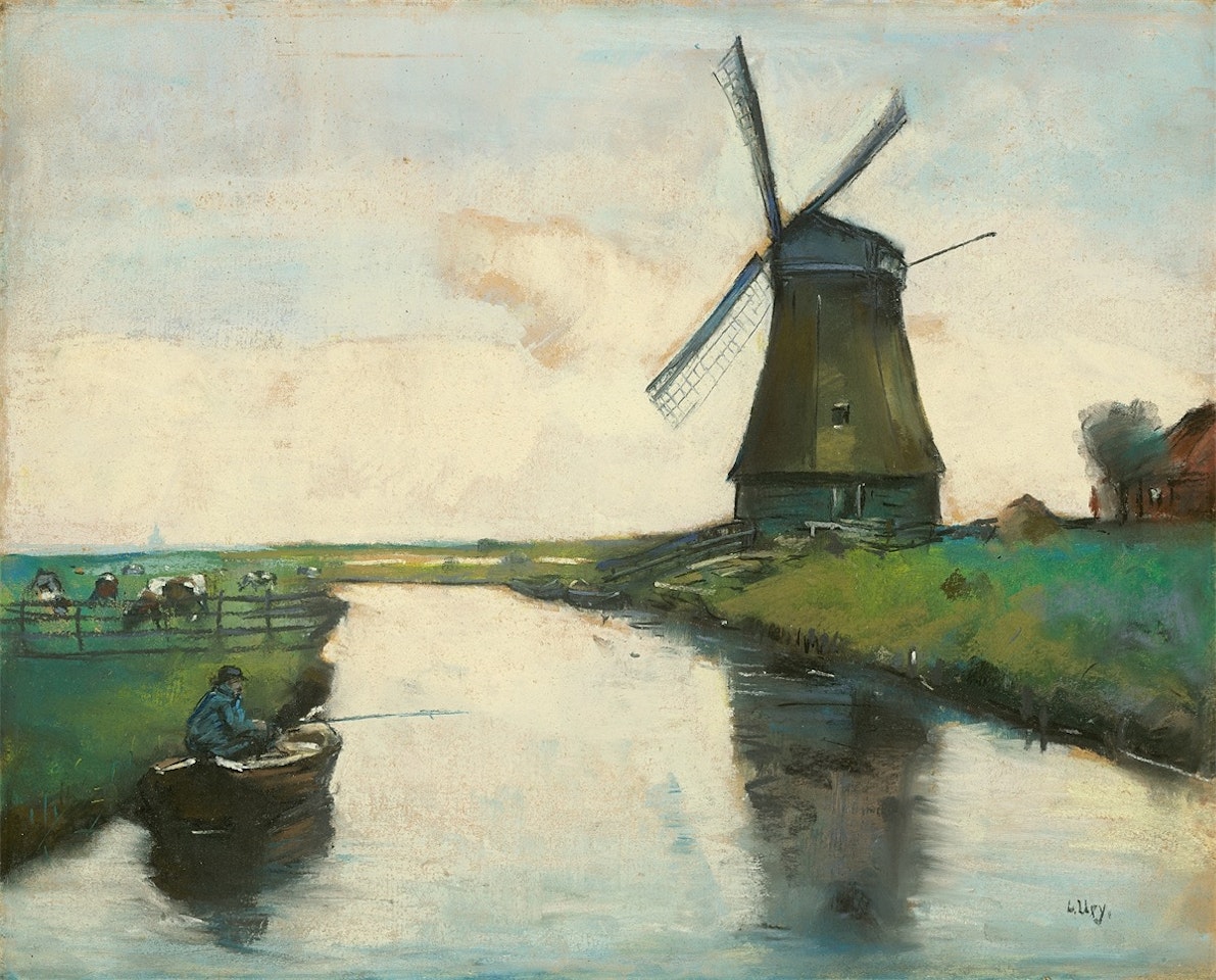”Holländischer Kanal mit Windmühle und Angler” by Lesser Ury