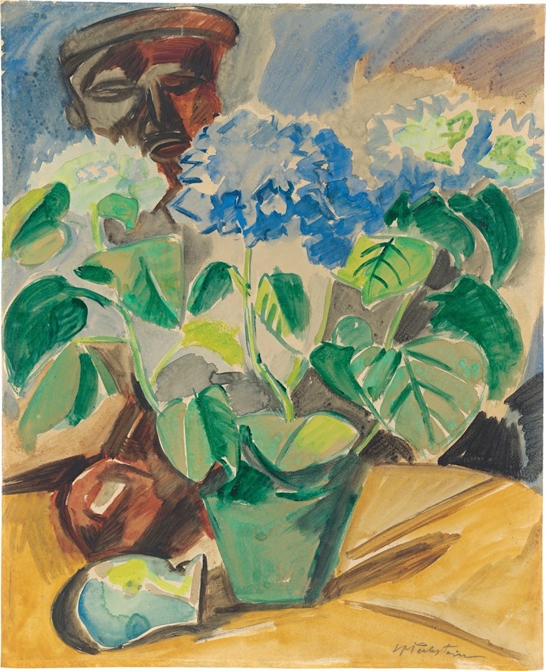 Still life with hydrangea and mask by Max Pechstein