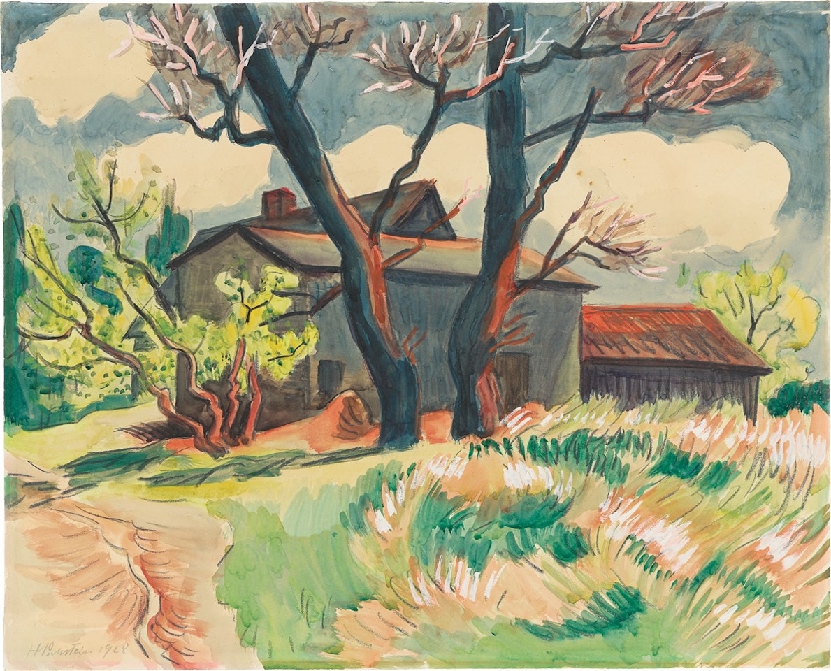 Landscape with farm and blossoming trees by Max Pechstein