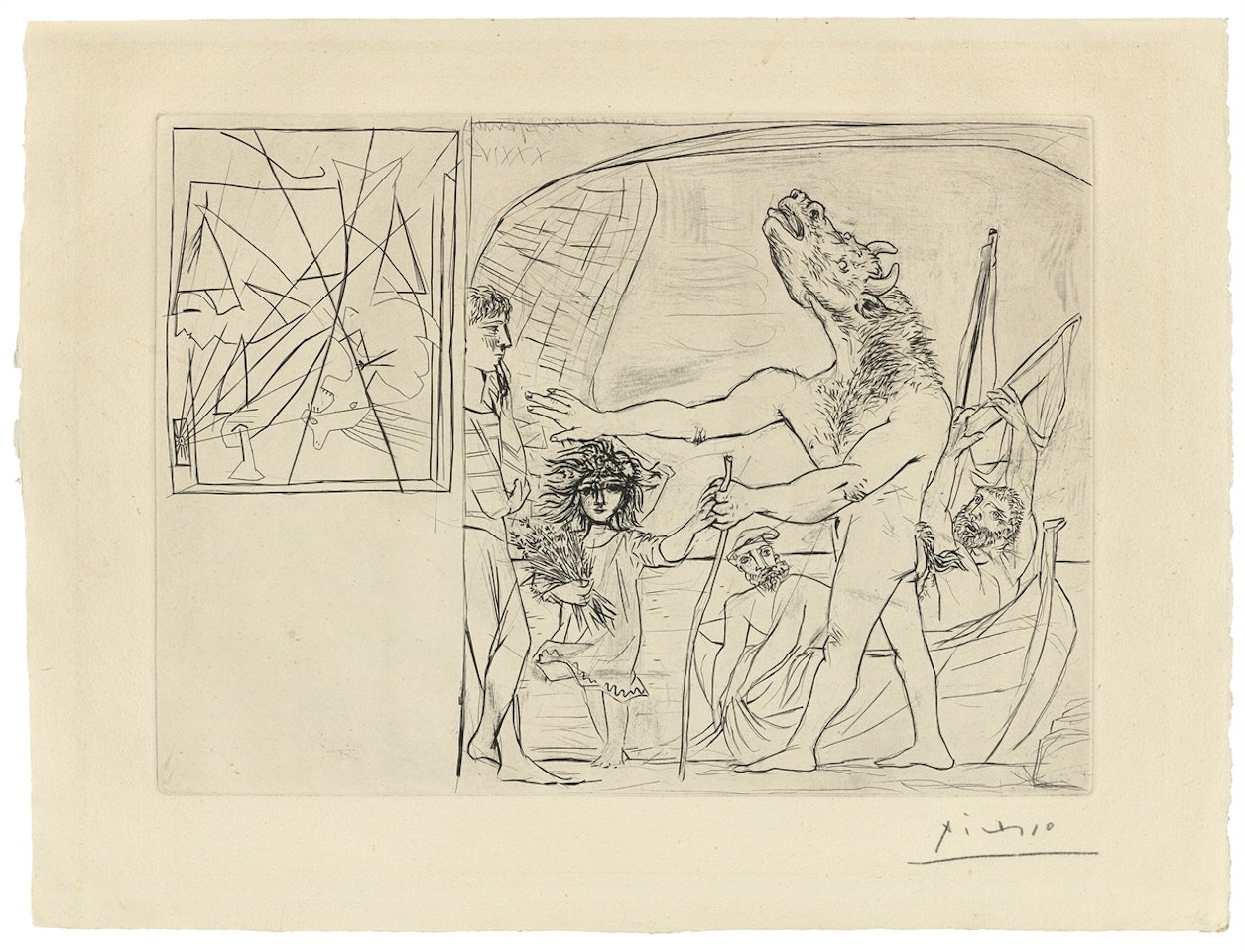 ”Minotaure aveugle guidé par une petite fille aux fleurs” by Pablo Picasso