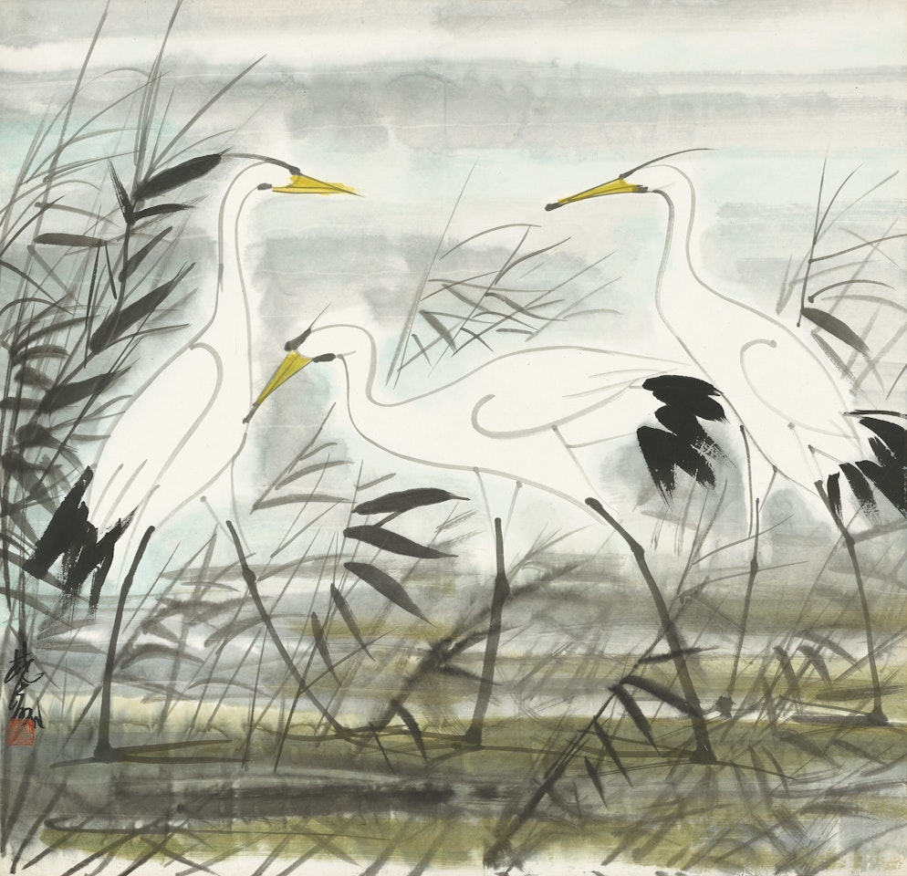 Egrets on Reeds Pond by Lin Fengmian