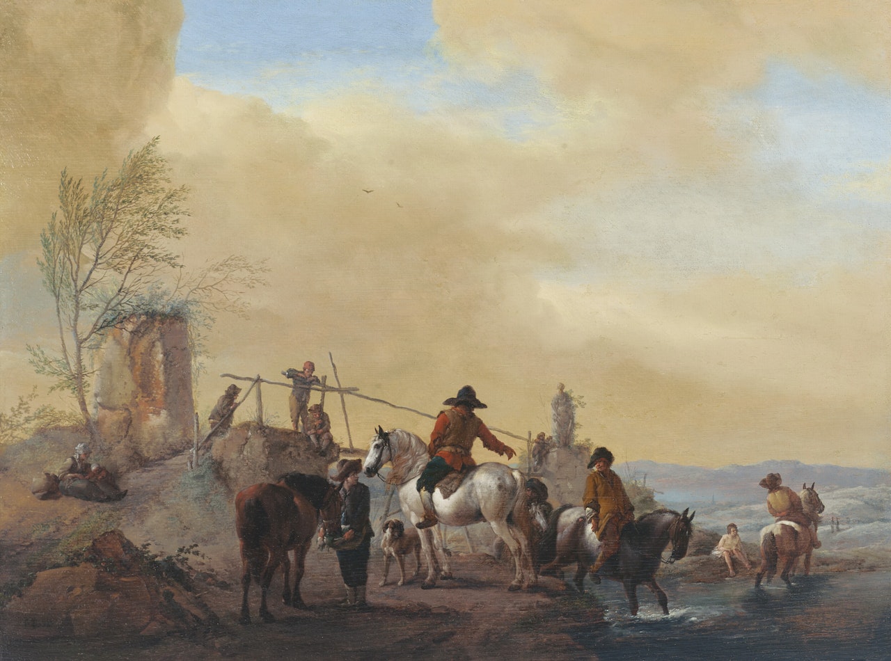 Riders and horses resting by a river by Philips Wouwerman