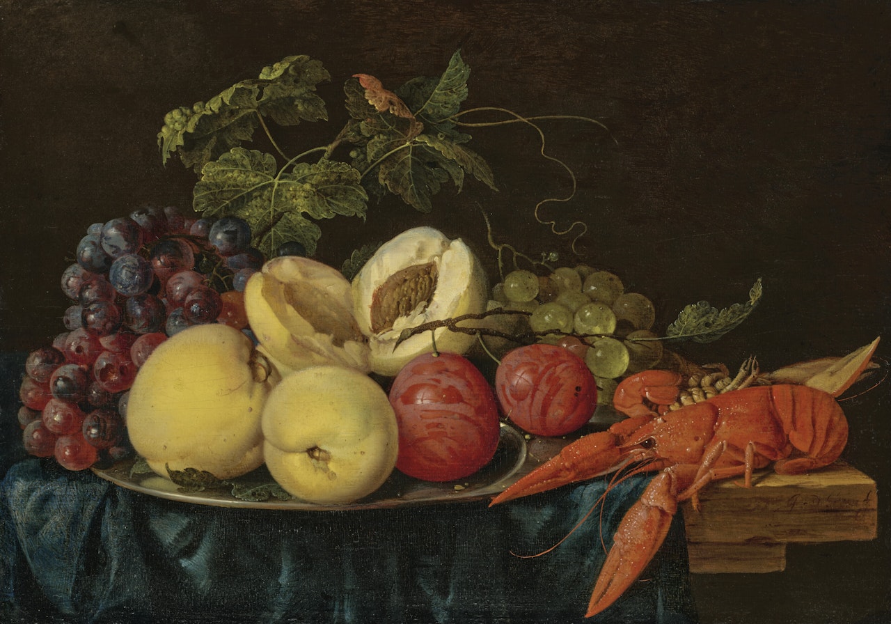 Fruit on a silver platter with lobsters on a partially draped table by Jan Davidsz de Heem
