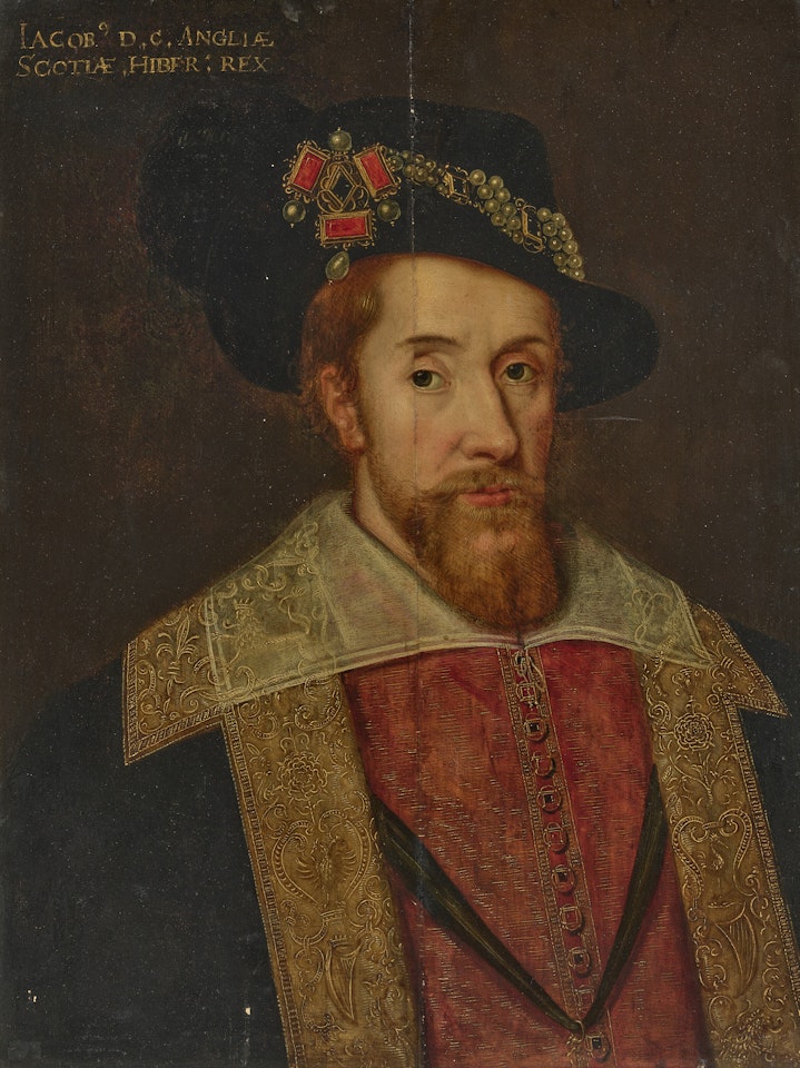 James I and VI, half-length, in a red jacket, black and gold embroidered cloak, white ruff and black hat, with the 'three brothers' worn as a hat jewel by English School