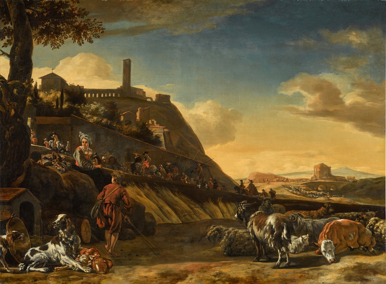 An extensive Italianate landscape with shepherds on a path by a village by Jan Weenix