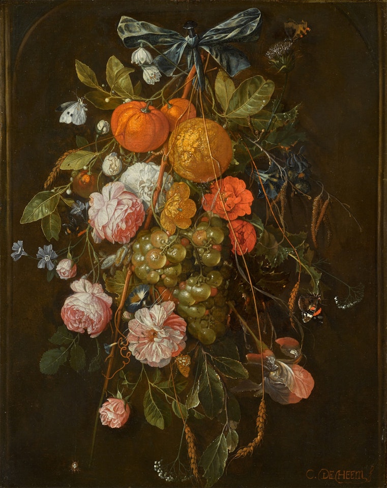 A festoon of roses, carnations, morning glory, an orange, grapes, and other fruits and flowers, suspended by a blue ribbon hanging from a nail within a stone niche by Cornelis de Heem