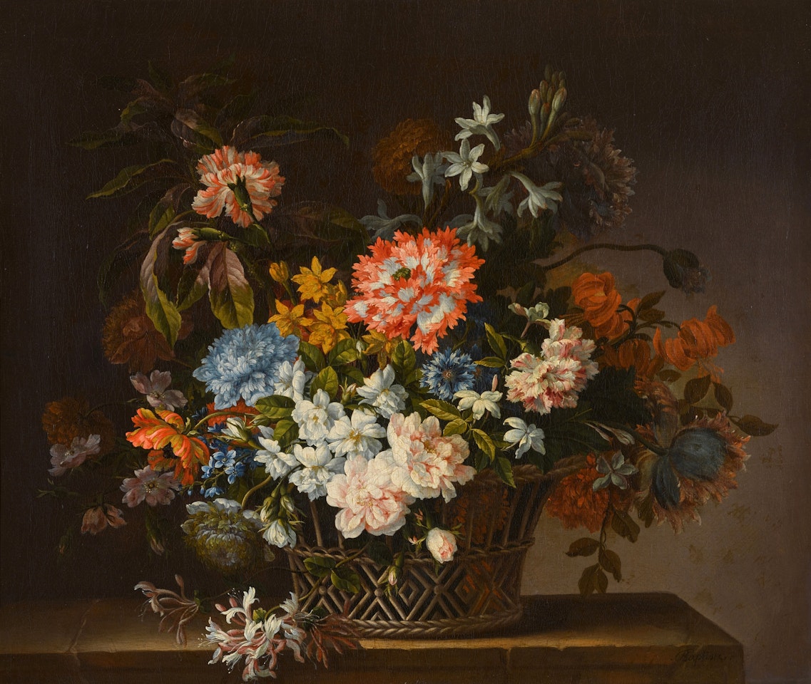 Still life with flowers in a basket on a ledge by Jean Baptiste Monnoyer