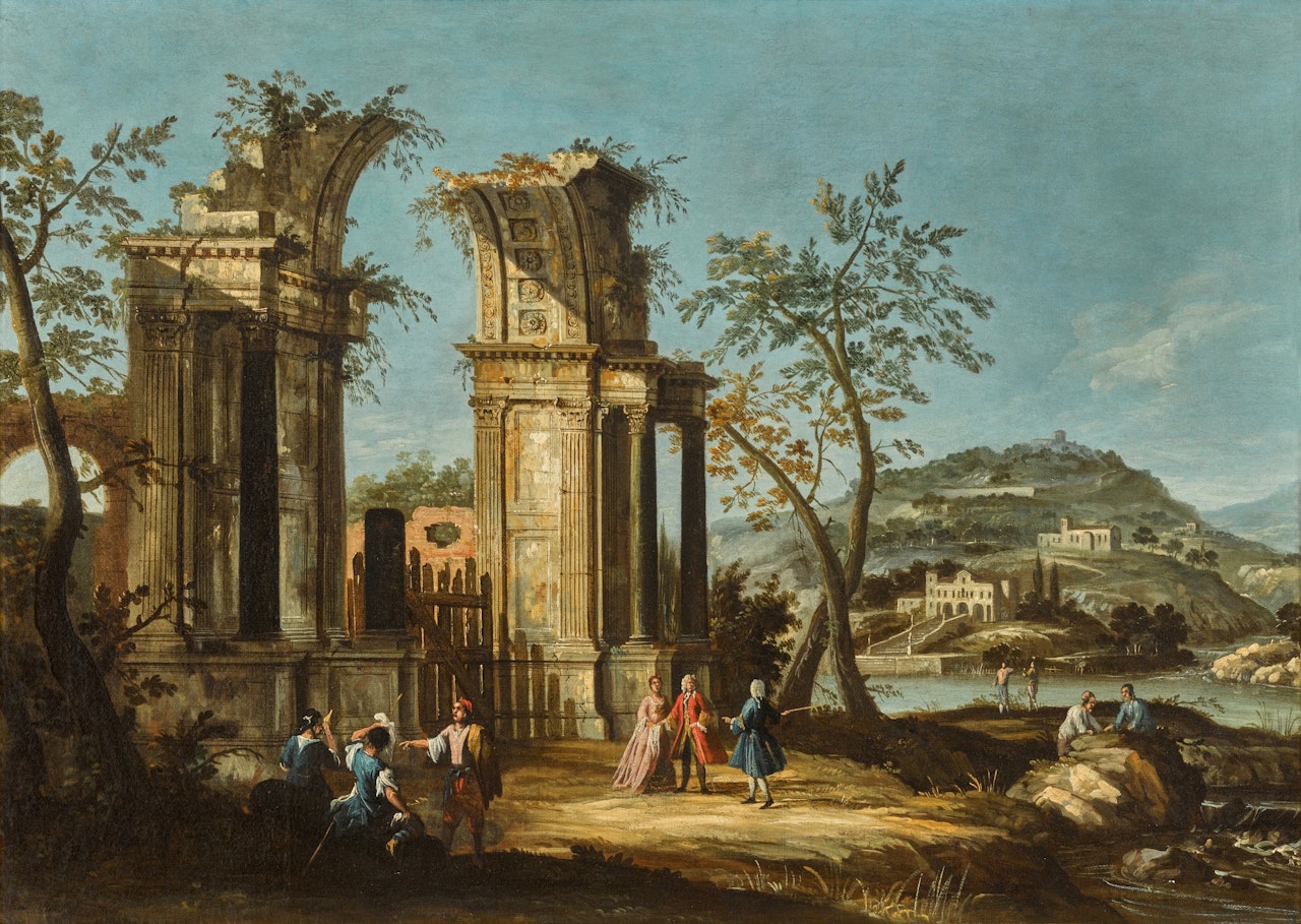 Capriccio view of a ruined triumphal arch with figures by a lake by Michele Marieschi