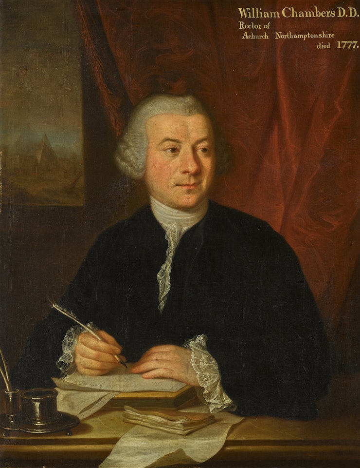 Portrait of William Chambers (1724?–1777), Rector of Achurch, seated at a table writing a letter, a landscape with a pyramid in the background by Angelica Kauffmann