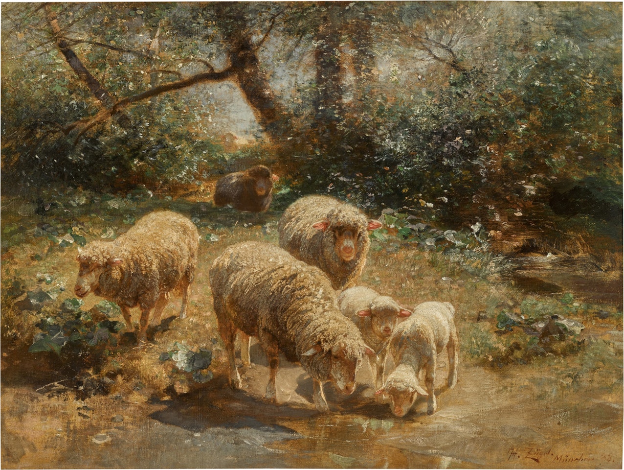 Sheep by the River's Edge by Heinrich von Zugel