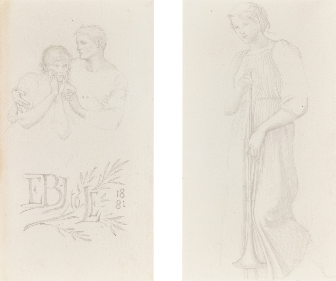 Two sheets of studies in one frame: a study of two figures embracing (recto), a study for 'The Golden Stairs' (recto), a study of a pair of legs for 'The Golden Stairs' (verso); Two sheets of studies of sleeves for 'The Golden Stairs' in one frame (recto): two sheets of studies of an infant's head for putti in 'Terra Omniparens' in one frame (recto), a study of a putti's head (verso), a study for 'The Golden Stairs' (verso) by Edward Coley Burne-Jones