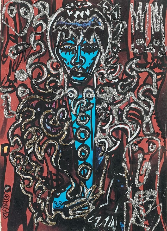Femme bleue entourée d'argenté. Elle fixe le regardeur d'un air engagé by Robert Combas