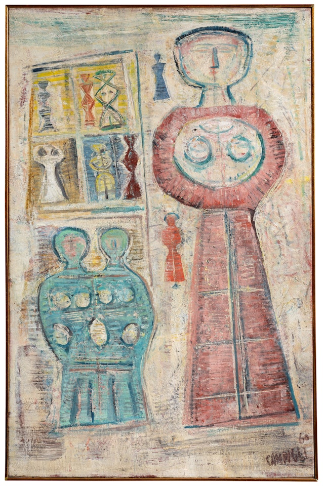 Donna blu e case (Composizione di figure) by Massimo Campigli