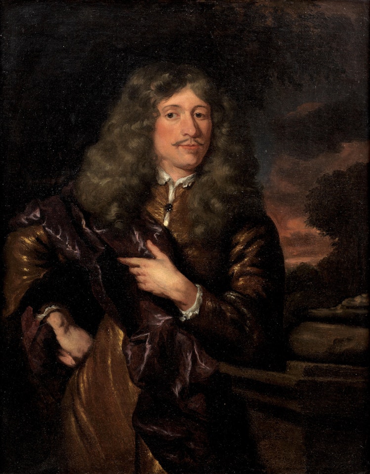 Portrait of a young man, three-quarter length, in a brown coat with a purple wrap by Nicolaes Maes
