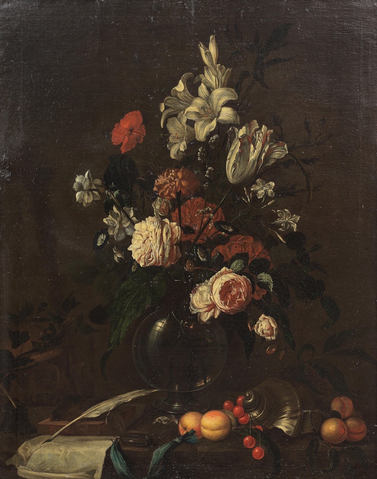 A still life of roses, lilies, a tulip and other flowers on a table-top with fruit, a pocket watch and other items by Jan Davidsz de Heem